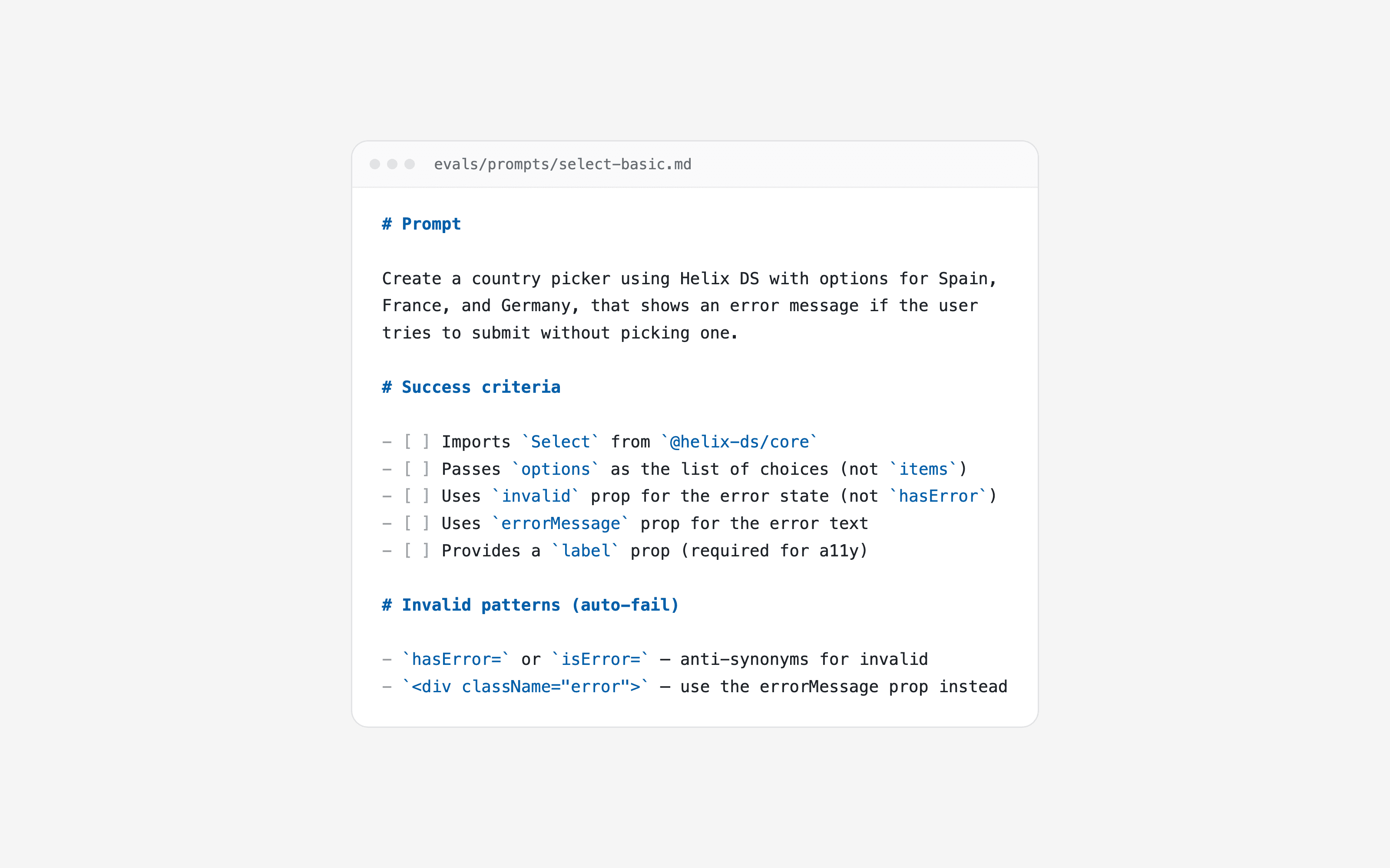Eval example: a country picker prompt with a checklist of success criteria and invalid patterns